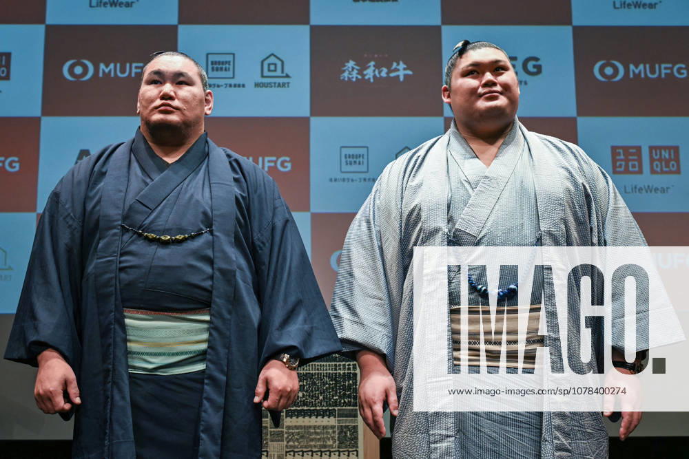 MUFG Paris Sumo Tournament press conference, PK, Pressekonferenz - Paris Hoshoryu Tomokatsu and Onosato Daiki pose for a photo after a press conference for the MUFG Paris Sumo Tournament 2026 in Paris on June 11, 2026. Photo by Firas Abdullah ABACAPRESS.COM Paris Ile-de-France France
