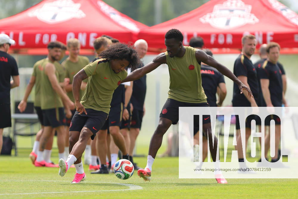 Tani Oluwaseyi of Canada contests with Jayden Nelson of Canada during the training session before the 2026 FIFA World Cup, WM, Weltmeisterschaft, Fussball game between Canada and Bosnia and Herzegovina at Toronto FC Training Ground on June 11, 2026 in Toronto, Ontario, Canada