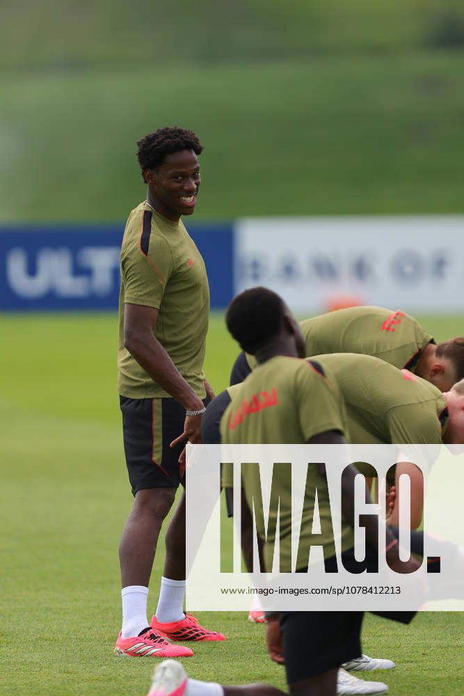 Jonathan David of Canada interacts with his teammate during the training session before the 2026 FIFA World Cup, WM, Weltmeisterschaft, Fussball game between Canada and Bosnia and Herzegovina at Toronto FC Training Ground on June 11, 2026 in Toronto, Ontario, Canada