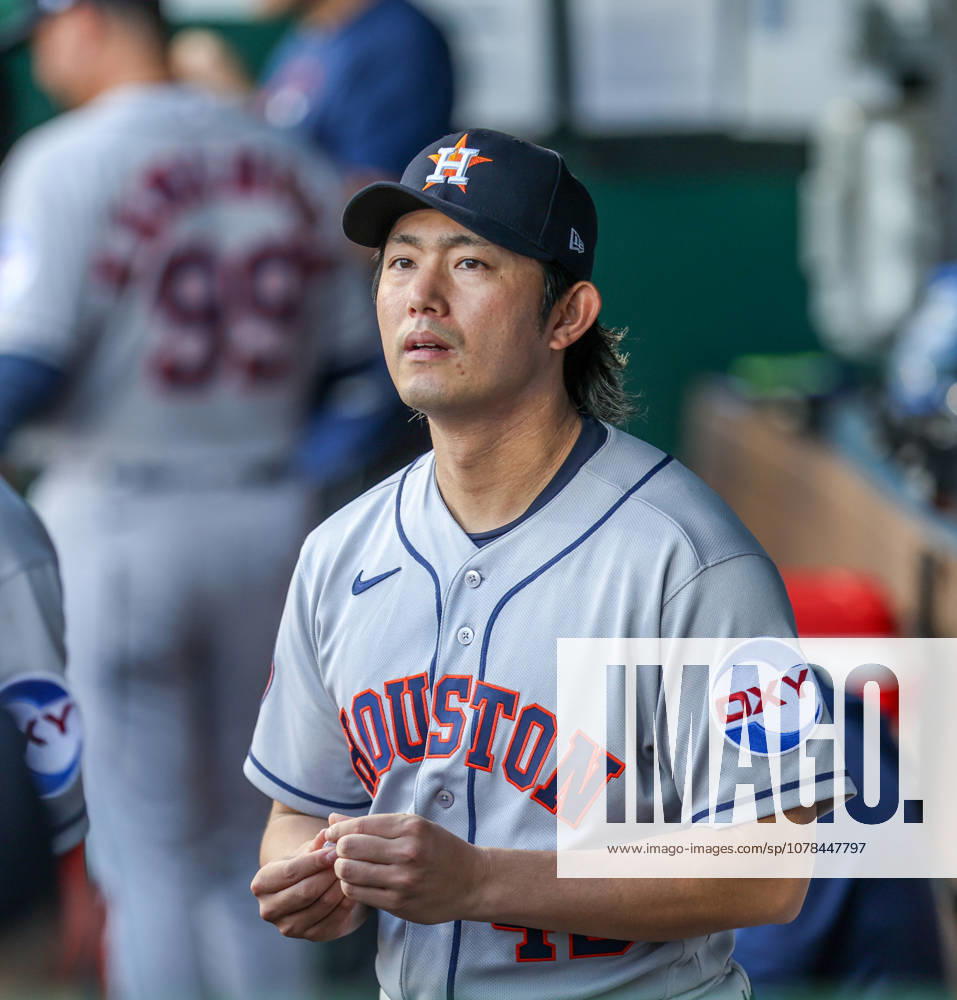 Houston Astros starting pitcher Tatsuya Imai (45) looks on in the dugout prior to taking the mound in the 1st inning against the Kansas City Royals at Kauffman Stadium in Kansas City, MO. CSM Kansas City United States - ZUMAc04_ 20260613_zma_c04_001