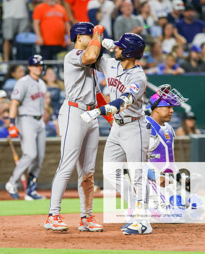 Houston Astros infielder Brice Matthews (0) celebrates with Houston Astros outfielder Cam Smith (11) against the Kansas City Royals at Kauffman Stadium in Kansas City, MO. CSM Kansas City United States - ZUMAc04_ 20260613_zma_c04_015