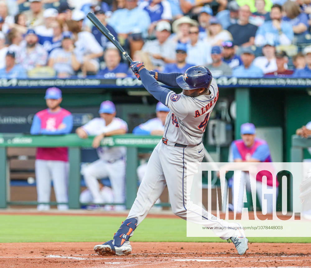 at Kauffman Stadium in Kansas City, MO. JUNE 12, 2026: Houston Astros designated hitter Yordan Alvarez (44) hits a grand slam in the 1st inning against the Kansas City Royals at Kauffman Stadium in Kansas City, MO. CSM MLB, Baseball Herren, USA 2026:Astros Vs Royals June 12 - ZUMAc04_ 20260613_zma_c04_050