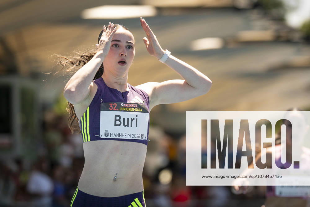 MANNHEIM, GERMANY - JUNE 13, 2026 : Xenia Buri (SUI Switzerland) runs a 11,14 in the 100m and reacts during the Juniorengala 2026 at Michael-Hoffmann-Stadion on June 13, 2026 in Mannheim, Germany. Baden-Wuerttemberg Germany