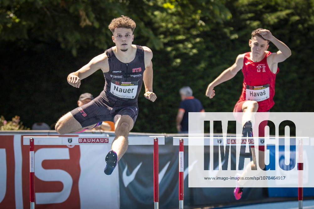 MANNHEIM, GERMANY - JUNE 13, 2026 : Jules Nauer (SUI Switzerland) competing in the men’s U20 400m hurdles during the Juniorengala 2026 at Michael-Hoffmann-Stadion on June 13, 2026 in Mannheim, Germany. Baden-Wuerttemberg Germany