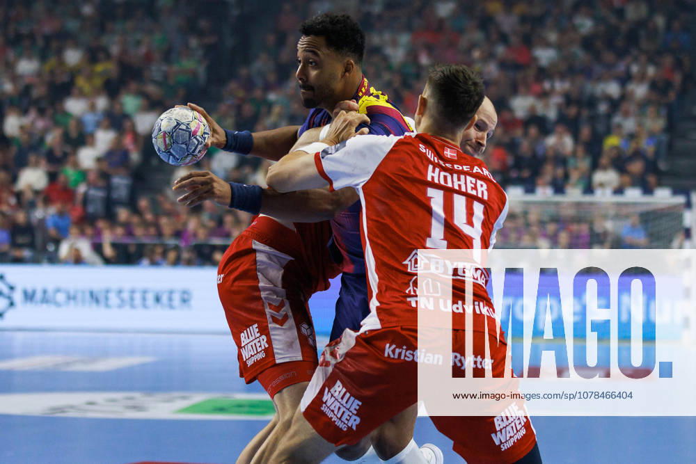 Timothey N GUESSAN FC Barcelona Barca, 19 in a duel against Simon HALD Aalborg Handbold, 11 and Mads HOXER Aalborg Handbold, 14 GER, Aalborg Handbold vs FC Barcelona, Handball, TruckScout24 EHF FINAL4 2026, Semi-final, Season 2025 2026, 13 06 2026, GER, Aalborg Handbold vs FC Barcelona, Handball, TruckScout24 EHF FINAL4 2026, Semi-final, Season 2025 2026, 13 06 2026, Cologne