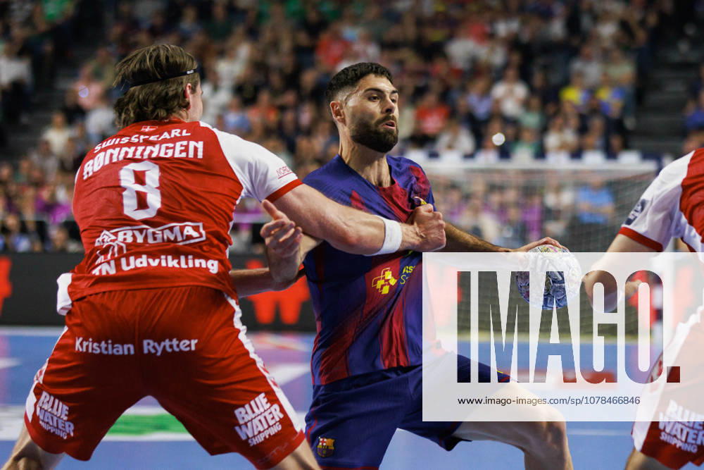 Blaz JANC FC Barcelona Barca, 18 in a duel against Vetle ROENNINGEN Aalborg Handbold, 08 and Mads HOXER Aalborg Handbold, 14 GER, Aalborg Handbold vs FC Barcelona, Handball, TruckScout24 EHF FINAL4 2026, Semi-final, Season 2025 2026, 13 06 2026, GER, Aalborg Handbold vs FC Barcelona, Handball, TruckScout24 EHF FINAL4 2026, Semi-final, Season 2025 2026, 13 06 2026, Cologne