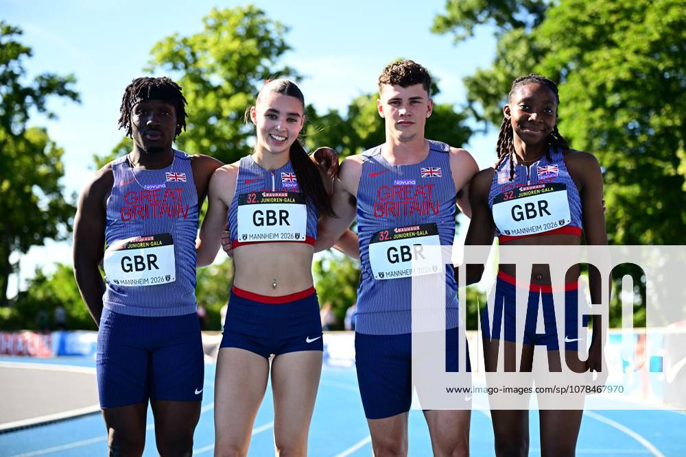 Four Great Britain athletes pose together on the tartan track of the Michael Hoffmann Stadium at the 32 Junior Gala Mannheim 2026 The bib numbers show the inscription GBR, one bib number is not clearly legible Great Britain relay team at the 32 Junior Gala in Mannheim