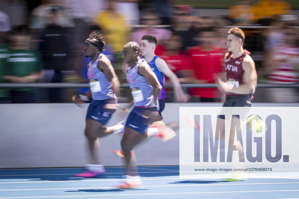 MANNHEIM, GERMANY - JUNE 13, 2026 : Mathew Ajayi (GBR Great Britain & N.I.) and Dylan Williams (GBR Great Britain & N.I.) competing in the men’s 100m during the Juniorengala 2026 at Michael-Hoffmann-Stadion on June 13, 2026 in Mannheim, Germany. Baden-Wuerttemberg Germany