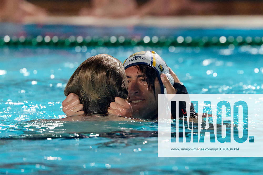 Marc Alls Ferrer (right) of Zodiac CNAB celebrates with a teammate after winning the European Aquatics Mens Water polo, Wasserball Champions League gold‘medal match against Pro Recco at the National Pool, Tal‘Qroqq, Malta, on 13 June 2026. Zodiac CNAB v Pro Recco - Mens Water Polo Men Champions League 2026 Final; EA_CL_2026_MLT