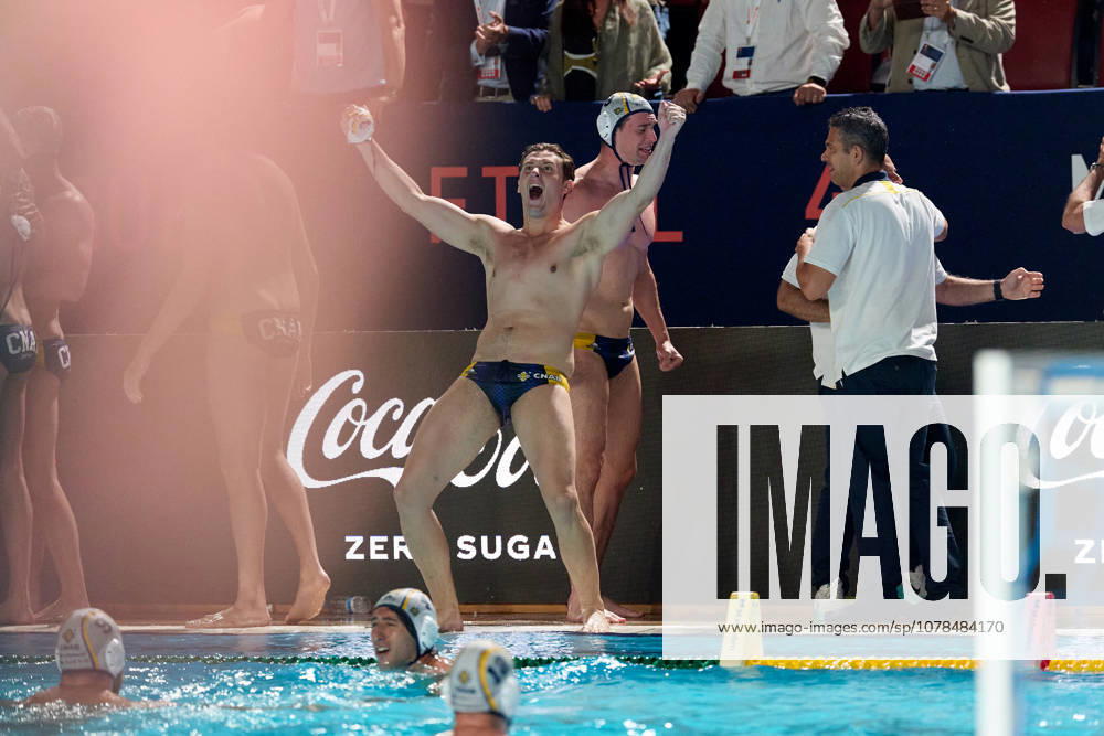 Zodiac CNAB players react in celebration after winning the European Aquatics Mens Water polo, Wasserball Champions League gold‘medal match against Pro Recco at the National Pool, Tal‘Qroqq, Malta, on 13 June 2026. Zodiac CNAB v Pro Recco - Mens Water Polo Men Champions League 2026 Final; EA_CL_2026_MLT