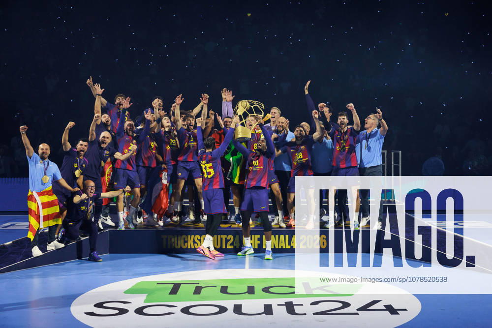 Award ceremony, Domen MAKUC FC Barcelona Barca, 35 and Dika MEM FC Barcelona Barca, 10 with the trophy GER, FC Barcelona Barca vs Fuechse Berlin, Handball, TruckScout24 EHF FINAL4 2026, Final, Season 2025 2026, 14 06 2026, GER, FC Barcelona Barca vs Fuechse Berlin, Handball, TruckScout24 EHF FINAL4 2026, Final, Season 2025 2026, 14 06 2026, Cologne