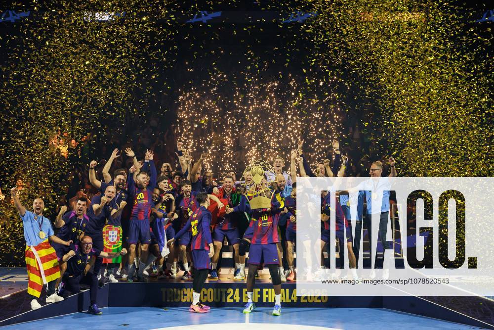 Award ceremony, Domen MAKUC FC Barcelona Barca, 35 and Dika MEM FC Barcelona Barca, 10 with the cup, ceremony, cup, trophy, jubilation, joy, passion, success, emotion, enthusiasm, positive emotions GER, FC Barcelona Barca vs Fuechse Berlin, Handball, TruckScout24 EHF FINAL4 2026, Final, Season 2025 2026, 14 06 2026, GER, FC Barcelona Barca vs Fuechse Berlin, Handball, TruckScout24 EHF FINAL4 2026, Final, Season 2025 2026, 14 06 2026, Cologne