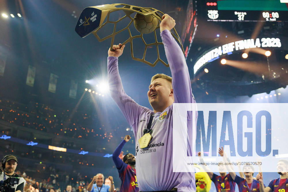 Emil NIELSEN FC Barcelona Barca, 12 with the cup, award ceremony Barca, ceremony, cup, trophy, jubilation, joy, passion, success, emotion, enthusiasm, positive emotions GER, FC Barcelona Barca vs Fuechse Berlin, Handball, TruckScout24 EHF FINAL4 2026, Final, Season 2025 2026, 14 06 2026, GER, FC Barcelona Barca vs Fuechse Berlin, Handball, TruckScout24 EHF FINAL4 2026, Final, Season 2025 2026, 14 06 2026, Cologne
