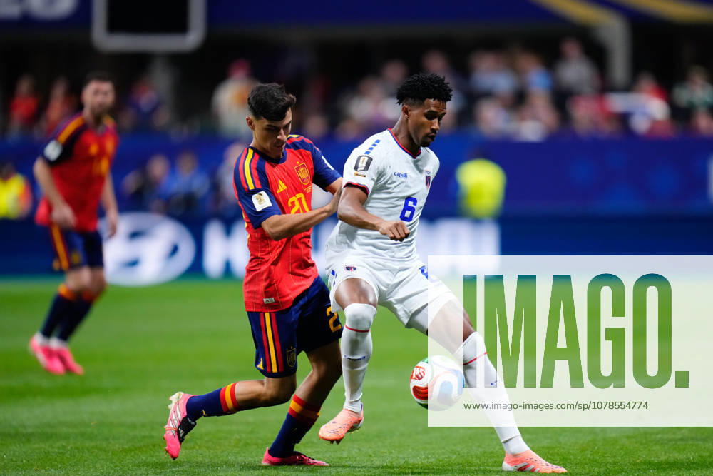 Spain v Cabo Verde: Group H - FIFA World Cup, WM, Weltmeisterschaft, Fussball 2026 Kevin Pina of Cabo Verde and Pedri Gonzalez of Spain compete for the ball during the FIFA World Cup 2026 Group H match between Spain and Cabo Verde at Atlanta Stadium on June 15, 2026 in Atlanta, United States. Atlanta GA United States