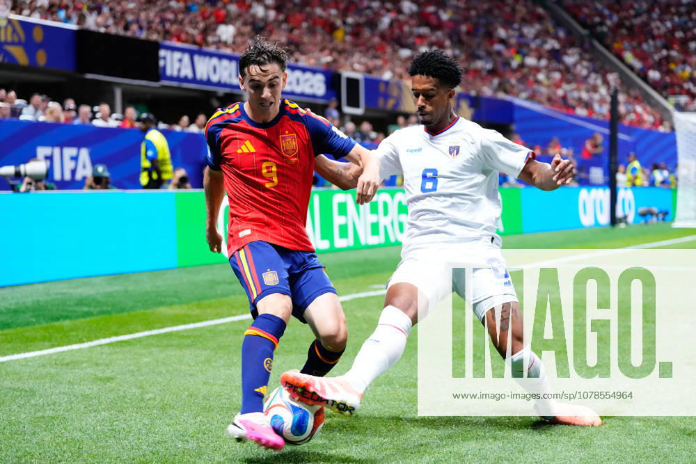 Spain v Cape Verde - FIFA World Cup, WM, Weltmeisterschaft, Fussball 2026 - Group H ATLANTA, UNITED STATES - JUNE 15: Pablo Martin Gavi (9) of Spain and Kevin Pina (8) of Capo Verde compete for the ball during the 2026 FIFA World Cup First Stage Group H match between Spain and Cape Verde at Mercedes-Benz Stadium (Atlanta Stadium) in Atlanta, Georgia, United States on June 15, 2026. Jose Hernandez Anadolu Georgia United States. Editorial use only. Please get in touch for any other usage.
