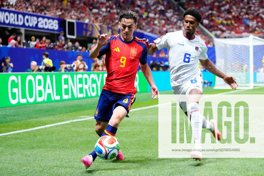 Spain v Cape Verde - FIFA World Cup, WM, Weltmeisterschaft, Fussball 2026 - Group H ATLANTA, UNITED STATES - JUNE 15: Pablo Martin Gavi (9) of Spain and Kevin Pina (8) of Capo Verde compete for the ball during the 2026 FIFA World Cup First Stage Group H match between Spain and Cape Verde at Mercedes-Benz Stadium (Atlanta Stadium) in Atlanta, Georgia, United States on June 15, 2026. Jose Hernandez Anadolu Georgia United States. Editorial use only. Please get in touch for any other usage.