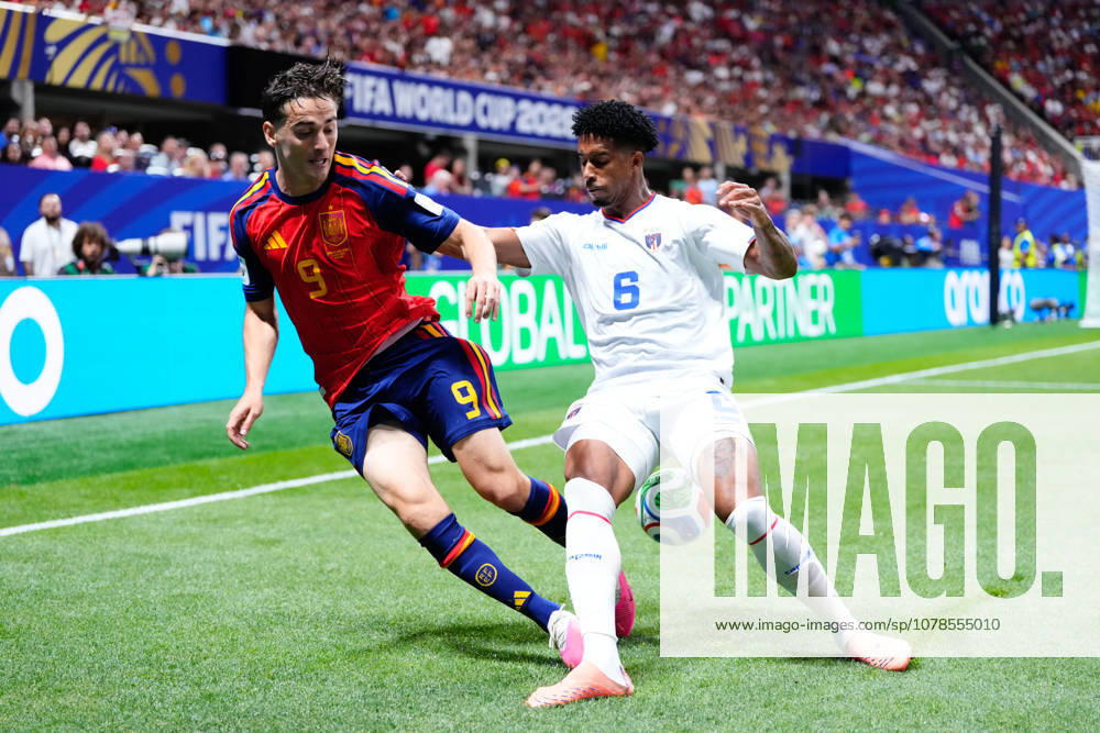 Spain v Cabo Verde: Group H - FIFA World Cup, WM, Weltmeisterschaft, Fussball 2026 Pablo Martin Gavi of Spain and Kevin Pina of Cabo Verde compete for the ball during the FIFA World Cup 2026 Group H match between Spain and Cabo Verde at Atlanta Stadium on June 15, 2026 in Atlanta, United States. Atlanta GA United States