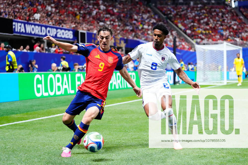 Spain v Cabo Verde: Group H - FIFA World Cup, WM, Weltmeisterschaft, Fussball 2026 Pablo Martin Gavi of Spain and Kevin Pina of Cabo Verde compete for the ball during the FIFA World Cup 2026 Group H match between Spain and Cabo Verde at Atlanta Stadium on June 15, 2026 in Atlanta, United States. Atlanta GA United States