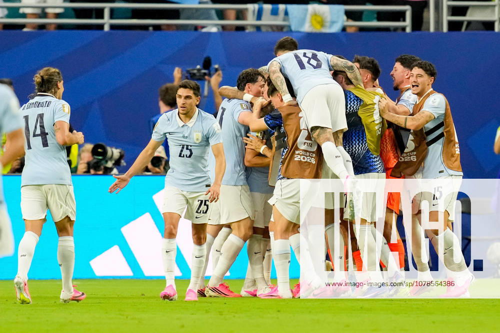 Maxi Araujo of Uruguay celebrates after scoring his teams first goal with his teammates during the 2026 FIFA World Cup Group H match between Saudi Arabia and Uruguay at Miami Stadium on June 15, 2026, in Miami, United States. Photo by Alex Gottschalk, DeFodi Images,detected_source_language