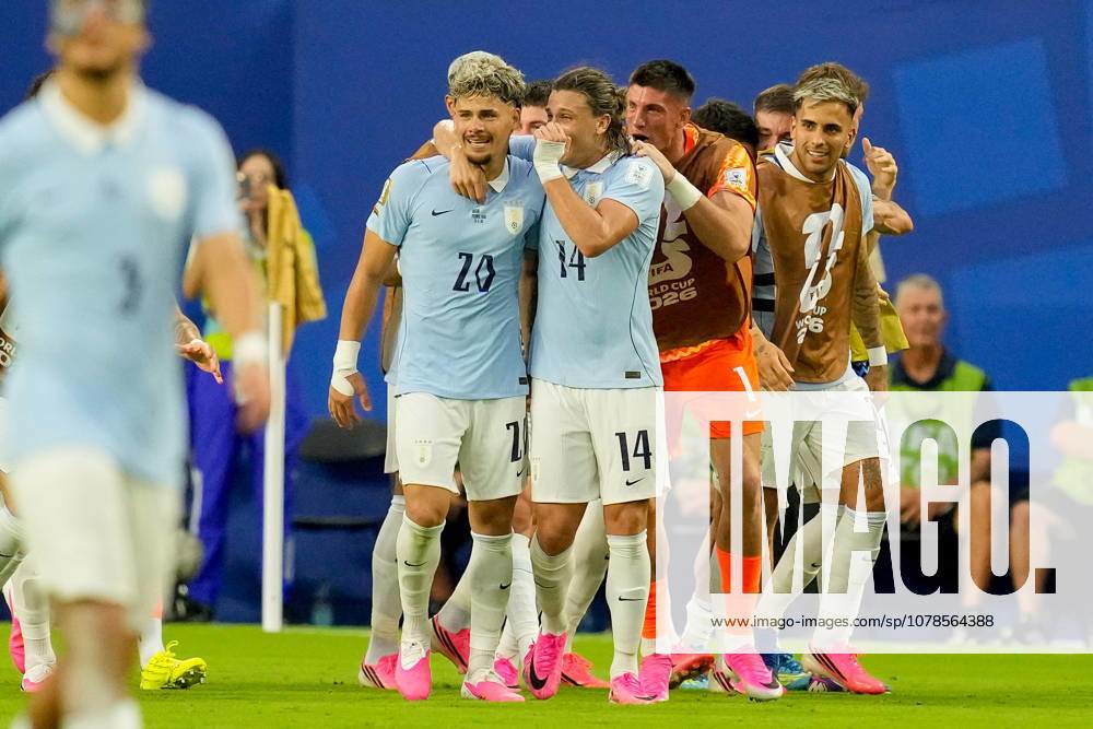 Maxi Araujo of Uruguay celebrates after scoring his teams first goal with his teammates during the 2026 FIFA World Cup Group H match between Saudi Arabia and Uruguay at Miami Stadium on June 15, 2026, in Miami, United States. Photo by Alex Gottschalk, DeFodi Images,detected_source_language