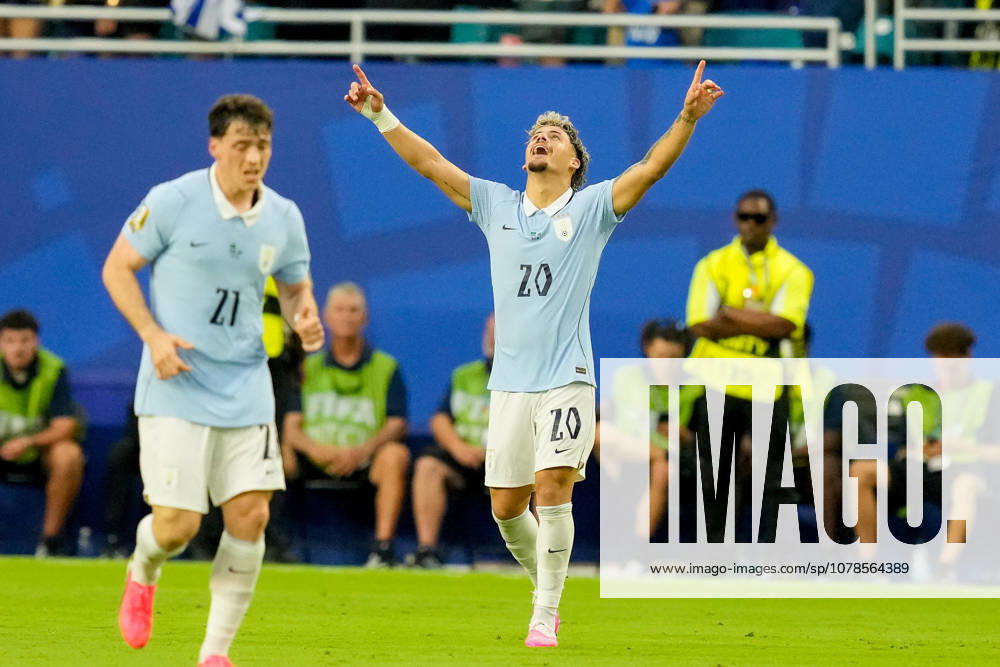 Maxi Araujo of Uruguay celebrates after scoring his teams first goal during the 2026 FIFA World Cup Group H match between Saudi Arabia and Uruguay at Miami Stadium on June 15, 2026, in Miami, United States. Photo by Alex Gottschalk, DeFodi Images,detected_source_language
