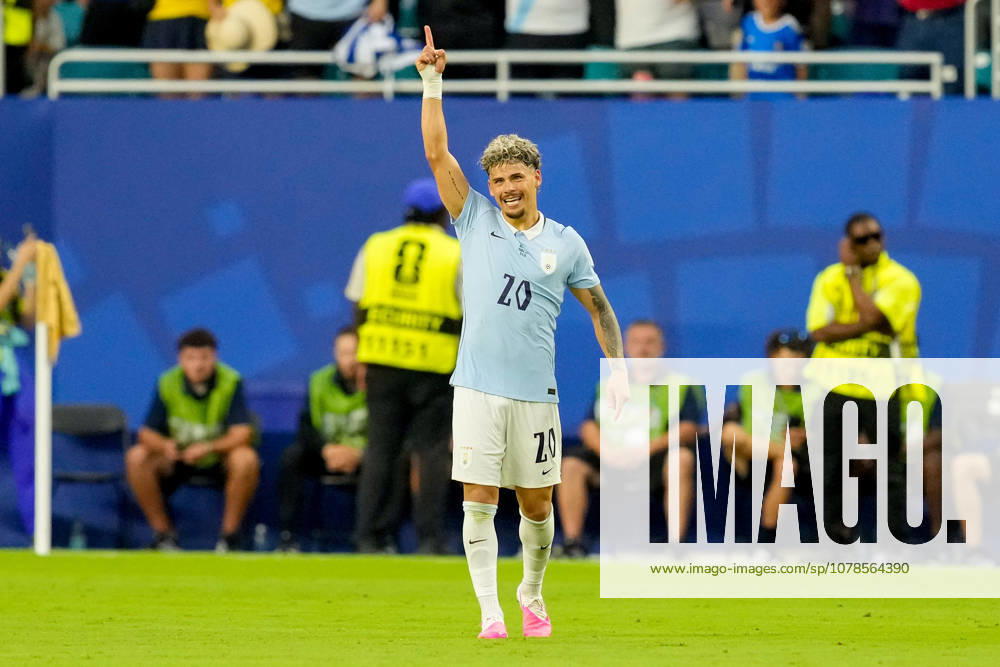 Maxi Araujo of Uruguay celebrates after scoring his teams first goal during the 2026 FIFA World Cup Group H match between Saudi Arabia and Uruguay at Miami Stadium on June 15, 2026, in Miami, United States. Photo by Alex Gottschalk, DeFodi Images,detected_source_language