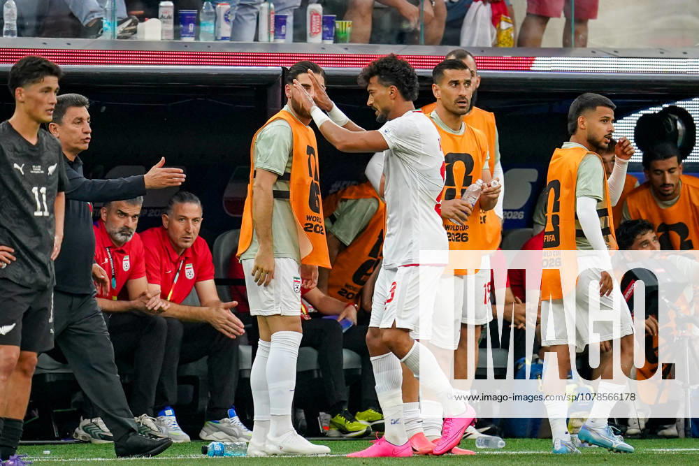 USA Soccer 2026 FIFA World Cup Group Stage Group G Iran vs. New Zealand SoFi Stadium Inglewood, Los Angeles County, California Goal and goal celebration following the 1-1 equalizer by Ramin Rezaeian (Iran 23), who runs toward coach Amir Ardeshir Ghalenoy to celebrate the goal,detected_source_language