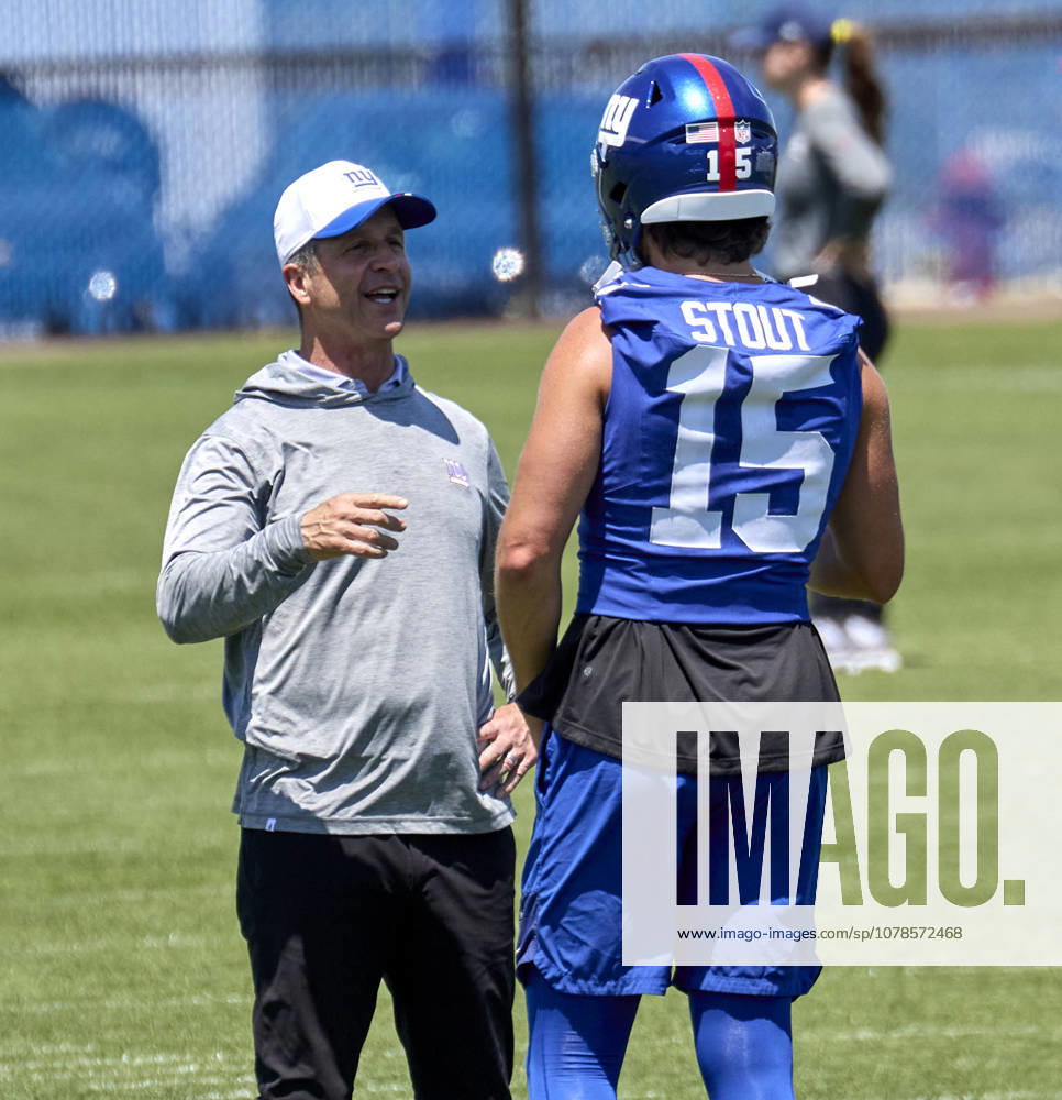 New York Giants head coach John Harbaugh and punter Jordan Stout (15) during minicamp held at the Quest Diagnostics Training Center in East Rutherford, New Jersey. CSM East Rutherford United States - ZUMAc04_ 20260616_zma_c04_001