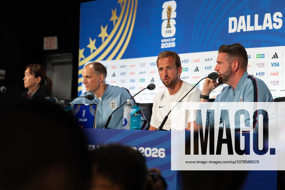 England forward HARRY KANE (middle right) speaks during a press conference, PK, Pressekonferenz prior to the 2026 FIFA World Cup, WM, Weltmeisterschaft, Fussball Group L England-Croatia match at Dallas Stadium in Arlington, Texas. Arlington USA - ZUMAh193 20260616_zsp_h193_039