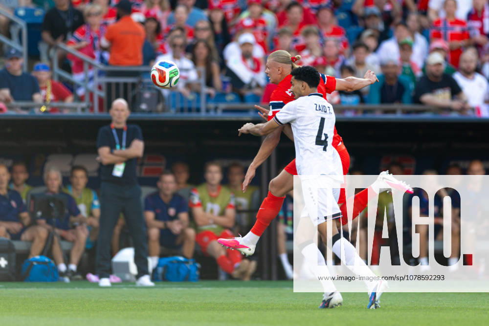 Foxborough, Massachusetts, USA; Norway forward Erling Haaland (9) gets by Iraq defender Zaid Tahseen (4) in a FIFA World Cup, WM, Weltmeisterschaft, Fussball 2026 Group I match between Iraq and Norway at Boston Stadium. (c) CSM - ZUMAc04_ 20260616_zma_c04_128