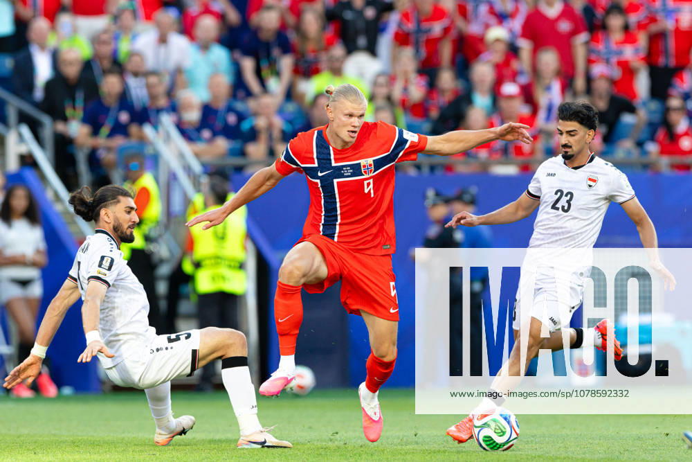 Foxborough, Massachusetts, USA; Norway forward Erling Haaland (9) cuts between Iraq defender Akam Hashim (5) and Iraq defender Merchas Doski (23) in a FIFA World Cup, WM, Weltmeisterschaft, Fussball 2026 Group I match between Iraq and Norway at Boston Stadium. (c) CSM - ZUMAc04_ 20260616_zma_c04_132