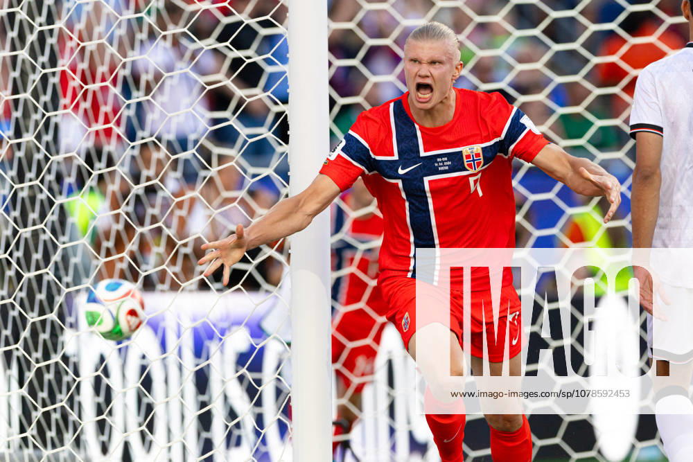 Foxborough, Massachusetts, USA; Norway forward Erling Haaland (9) reacts after scoring a goal in a FIFA World Cup, WM, Weltmeisterschaft, Fussball 2026 Group I match between Iraq and Norway at Boston Stadium. (c) CSM - ZUMAc04_ 20260616_zma_c04_140