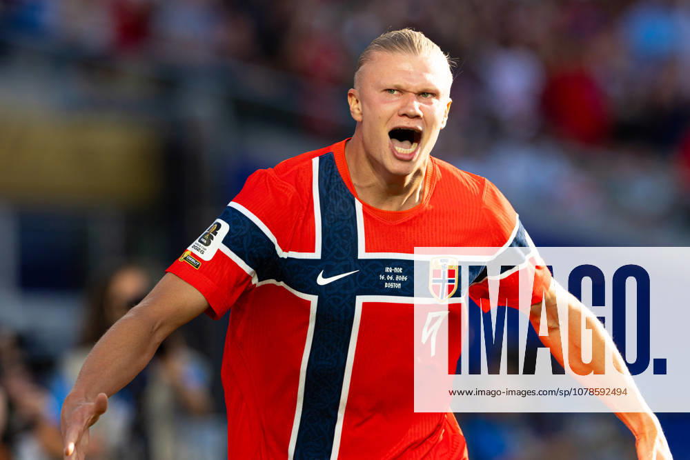 Foxborough, Massachusetts, USA; Norway forward Erling Haaland (9) reacts after scoring a goal in a FIFA World Cup, WM, Weltmeisterschaft, Fussball 2026 Group I match between Iraq and Norway at Boston Stadium. (c) CSM - ZUMAc04_ 20260616_zma_c04_145