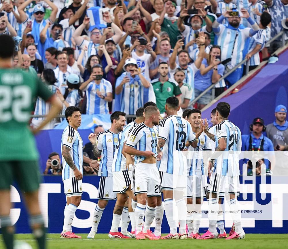 Football: 2026 World Cup Argentina s Lionel Messi (2nd from L) is congratulated by teammates after scoring the opening goal in the first half of a World Cup Group J football match against Algeria at Kansas City Stadium in Kansas City, Missouri, on June 16, 2026. A14AA0005619114P