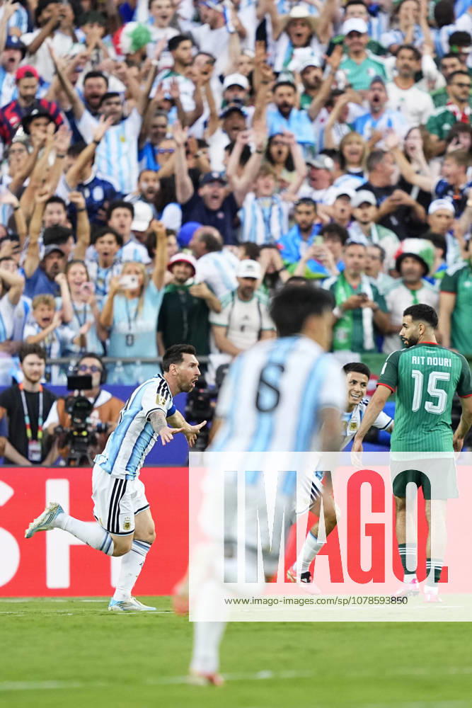 Football: 2026 World Cup Argentina s Lionel Messi (L) reacts after scoring the opening goal in the first half of a World Cup Group J football match against Algeria at Kansas City Stadium in Kansas City, Missouri, on June 16, 2026. A14AA0005619115P
