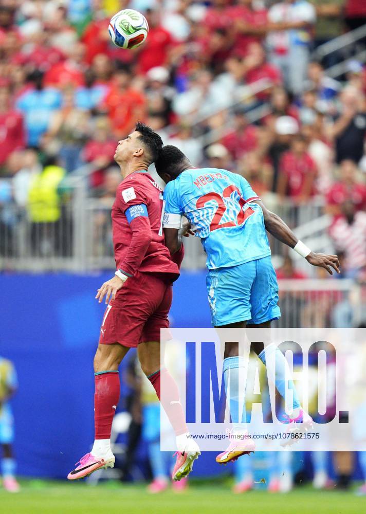 Football: 2026 World Cup Portugal s Cristiano Ronaldo (L) and Congo DR s Chancel Mbemba jump for the ball in the second half of a World Cup Group K football match at Houston Stadium in Houston, Texas, on June 17, 2026. A14AA0005619250P