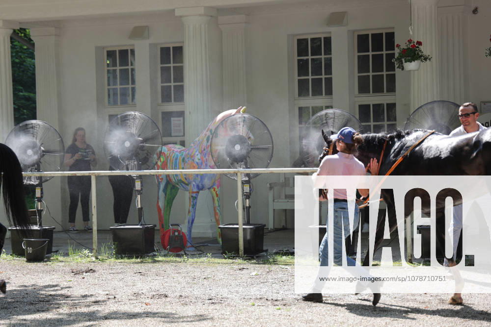 Düsseldorf, North Rhine-Westphalia, GER Fans and mist sprayers keep the horses cool in the unsaddling ring at the Düsseldorf Grafenberg Racetrack Horse, fans, mist, refresh, refreshment, cool down, cooling, heat, heat wave, hot, summer heat 260620SG709DUESSELDORF JPG,detected_source_language