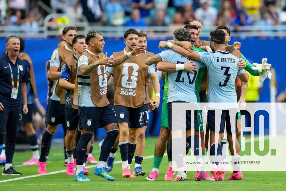 Maxi Araujo of Uruguay celebrates after scoring his teams first goal with his teammates during the 2026 FIFA World Cup Group H match between Uruguay and Cabo Verde at Miami Stadium on June 21, 2026, in Miami, United States. Photo by Alex Gottschalk, DeFodi Images,detected_source_language