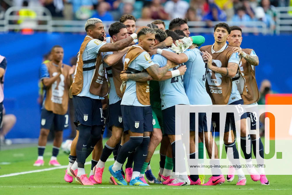 Maxi Araujo of Uruguay celebrates after scoring his teams first goal with his teammates during the 2026 FIFA World Cup Group H match between Uruguay and Cabo Verde at Miami Stadium on June 21, 2026, in Miami, United States. Photo by Alex Gottschalk, DeFodi Images,detected_source_language