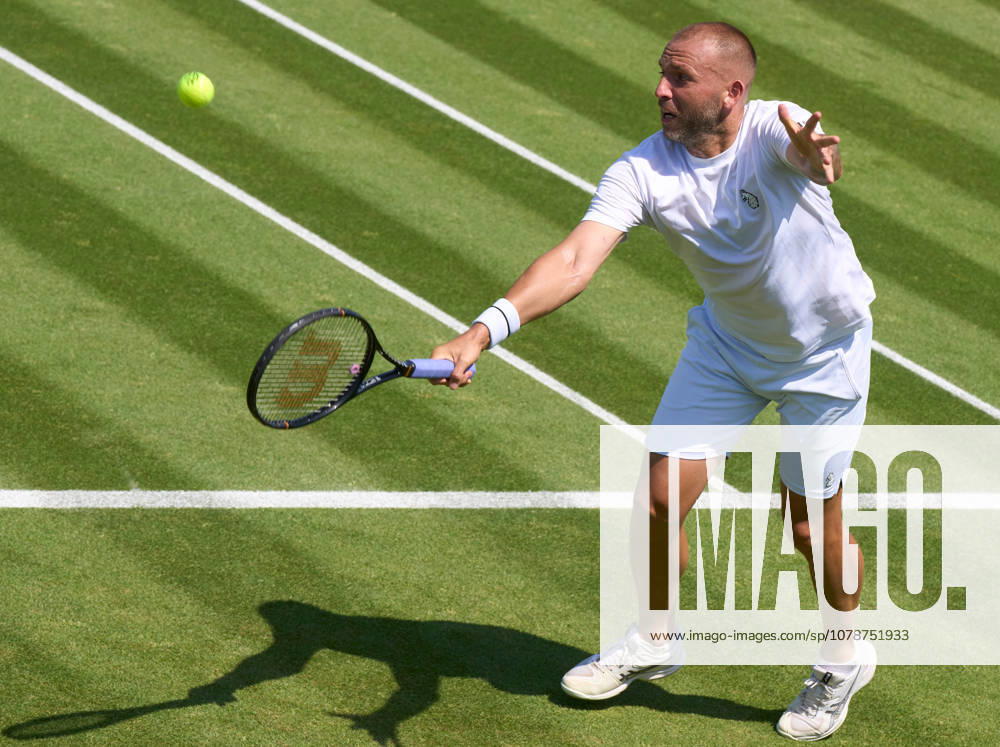 2026 Wimbledon, June 22, qualifiers LONDON, - JUNE 22: Dan Evans in his final Wimbledon plays a backhand during the 2026 Wimbledon, June 22, qualifiers at The all England clubs facility at the Community Sports Centre Roehampton on June 22, 2026 in London, GBR. London The all England club, Wimbledon GBR