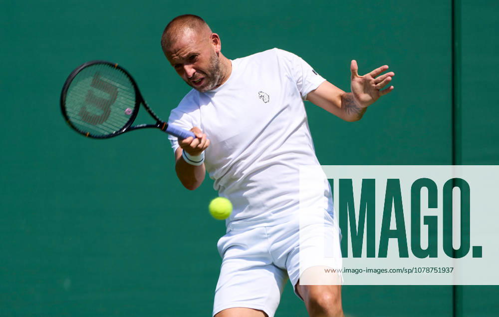 2026 Wimbledon, June 22, qualifiers LONDON, - JUNE 22: Dan Evans in his final Wimbledon plays a forehand during the 2026 Wimbledon, June 22, qualifiers at The all England clubs facility at the Community Sports Centre Roehampton on June 22, 2026 in London, GBR. London The all England club, Wimbledon GBR