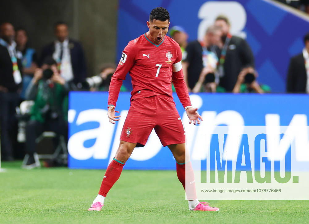 Portugal s Cristiano Ronaldo celebrates after scoring a goal against Uzbekistan in the first half of a FIFA World Cup, WM, Weltmeisterschaft, Fussball match at Houston Stadium in Houston, Texas, on Tuesday, June 23, 2026. HOU20260623910 CHRISTIANxBRUNSKILL