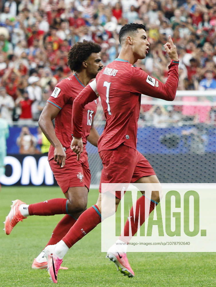 Football: 2026 World Cup Portugal s Cristiano Ronaldo (R) celebrates after scoring the opening goal in the first half of a World Cup Group K football match against Uzbekistan at Houston Stadium in Houston on June 23, 2026. A14AA0005620007P