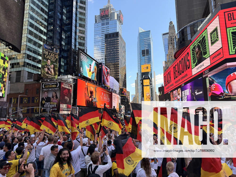 German fans celebrate peacefully on the eve of the match against Ecuador in Times Square, New York, June 24, 2026. Times Square fan gathering ahead of Germany vs. Ecuador