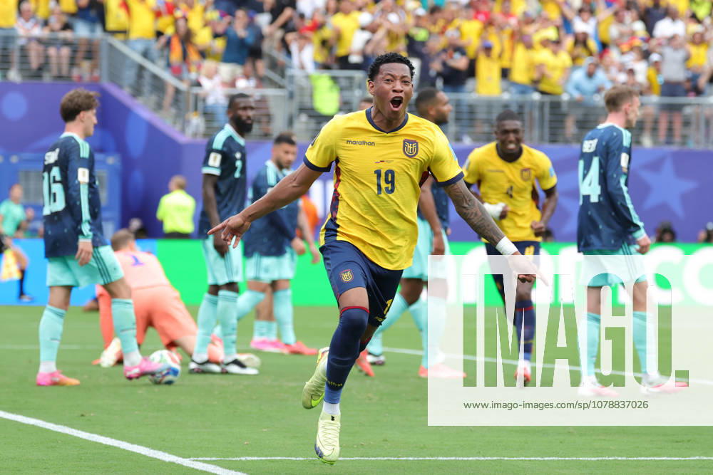 Gonzalo Plata of Ecuador celebrates a goal during a Group E match at the 2026 FIFA World Cup, WM, Weltmeisterschaft, Fussball between Ecuador and Germany at MetLife stadium in New Jersey, United States, 25 June 2026. FIFA World Cup 2026 - Group E - Ecuador vs Germany !ACHTUNG: NUR REDAKTIONELLE NUTZUNG!