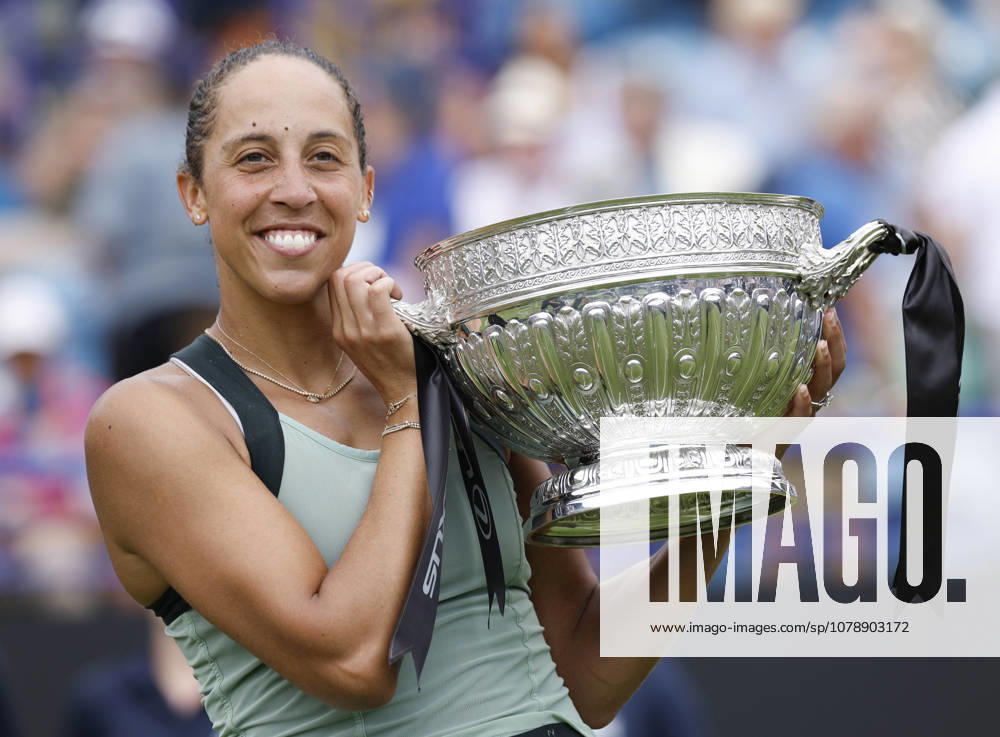 26th June 2026; Devonshire Park Lawn Tennis Club, Eastbourne, East Sussex, England; Lexus Eastbourne Open Tennis, Day Seven; Madison Keys (USA) with the Winners Trophy after wining the Womens Singles Final against Tatjana Maria (GER) HongboxChen
