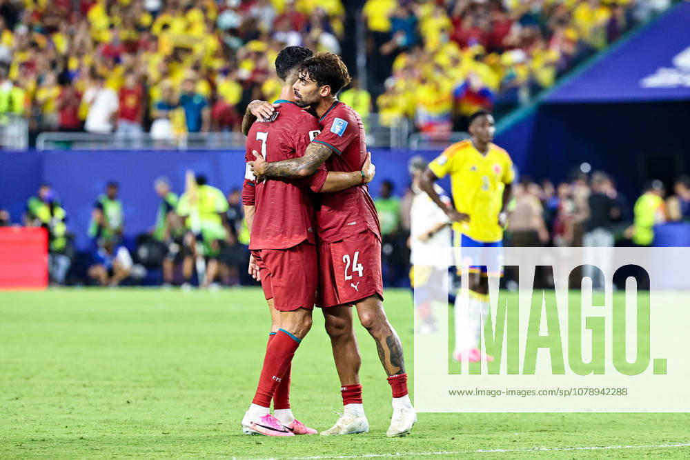 MIAMI GARDENS, FL - JUNE 27: Cristiano Ronaldo 7 of Portugal and Samu Costa 24 of Portugal embrace at the end of a FIFA World Cup, WM, Weltmeisterschaft, Fussball 2026 Group K match between Colombia and Portugal on June 27, 2026 at Miami Stadium, in Miami Gardens, Fla.(Photo by Chris Arjoon Icon Sportswire) SOCCER: JUN 27 FIFA World Cup 26 Group K - Colombia vs Portugal Icon26062700100092