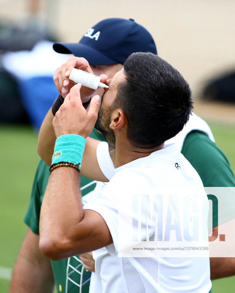 Novak Djokovic puts in eye drops during practice. Wimbledon Tennis Championships, Practice and Previews, The All England Lawn Tennis and Croquet Club, London, UK - 28 Jun 2026London The All England Lawn Tennis and United Kingdom
