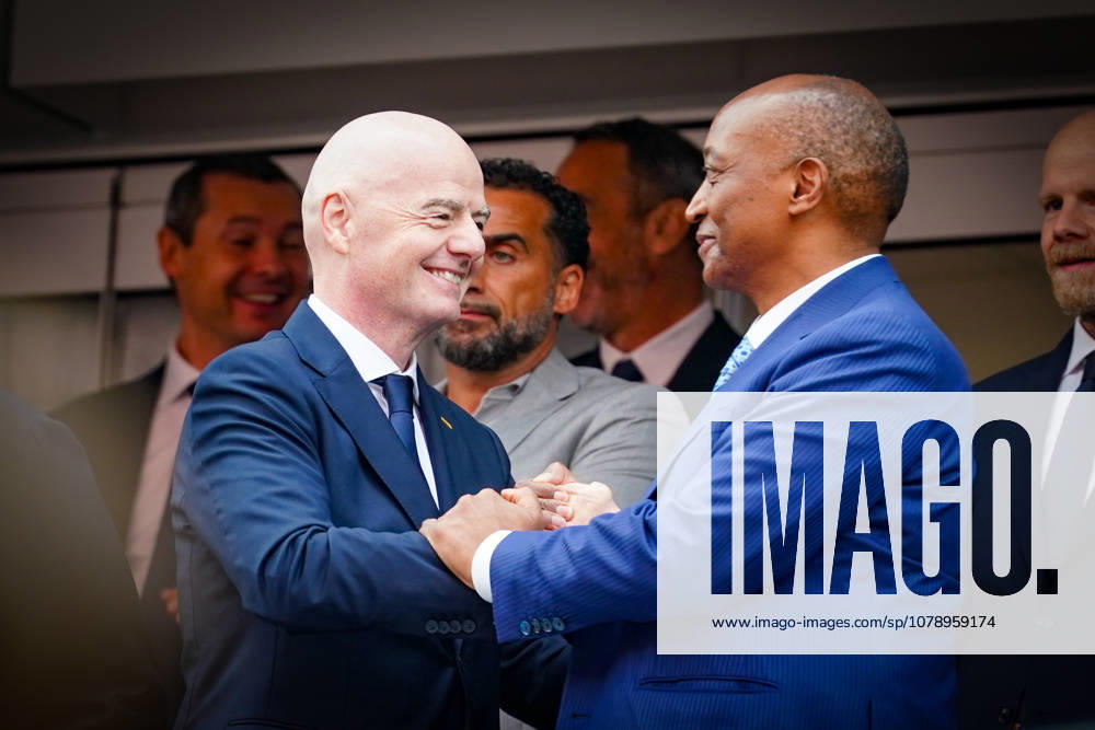 USA Soccer FIFA World Cup 2026, Round of 32, South Africa vs. Canada, SoFi Stadium, Inglewood, Los Angeles County, California; Patrice Motsepe, President of the Confederation of African Football (CAF), and FIFA President Gianni Infantino