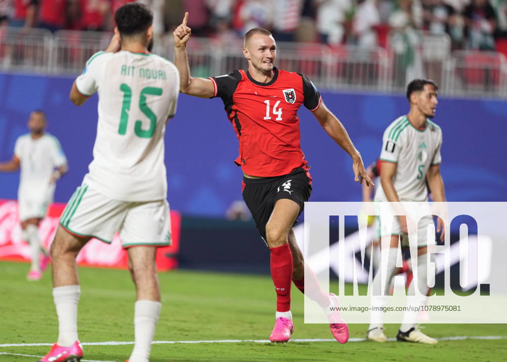 (260629) -- BEIJING, June 29, 2026 -- Sasa Kalajdzic (C) of Austria celebrates his goal during the group J match between Algeria and Austria at the 2026 FIFA World Cup, WM, Weltmeisterschaft, Fussball at Kansas City Stadium in Kansas City, the United States, June 27, 2026. ) XINHUA PHOTOS OF THE DAY DuxYu
